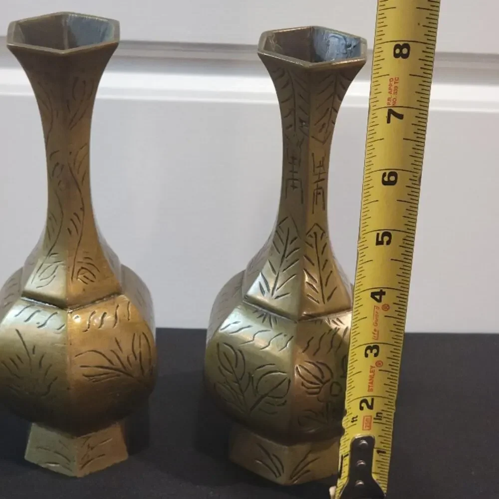 Vintage Chinese‎ Brass Etched Vase Set of 2 Qing Dynasty Style 8